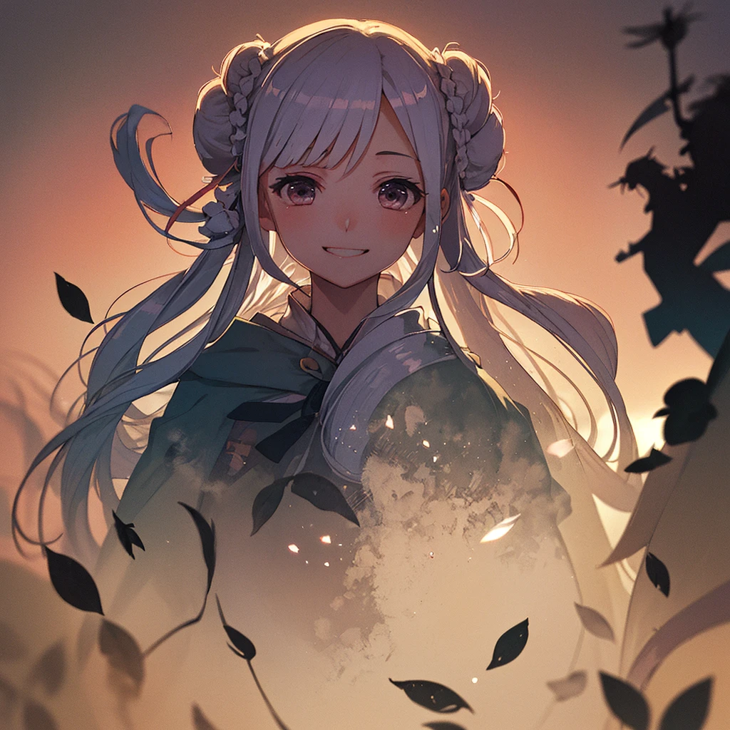 1 person、(),(((silhouette:1.2)))、 (Hair Ribbon:0.4),(((Bun Hair))),(((Very long hair))),(smile),Kunimi Tama,(Face close-up),Blacksmithing、leaf、rose、Abstract、Zhou Haoguang、(Blurred Background、Blurred foreground、Depth of written boundary:1.3)、Swirling Mist、Iridescent mist、god々New Texture、Dripping、