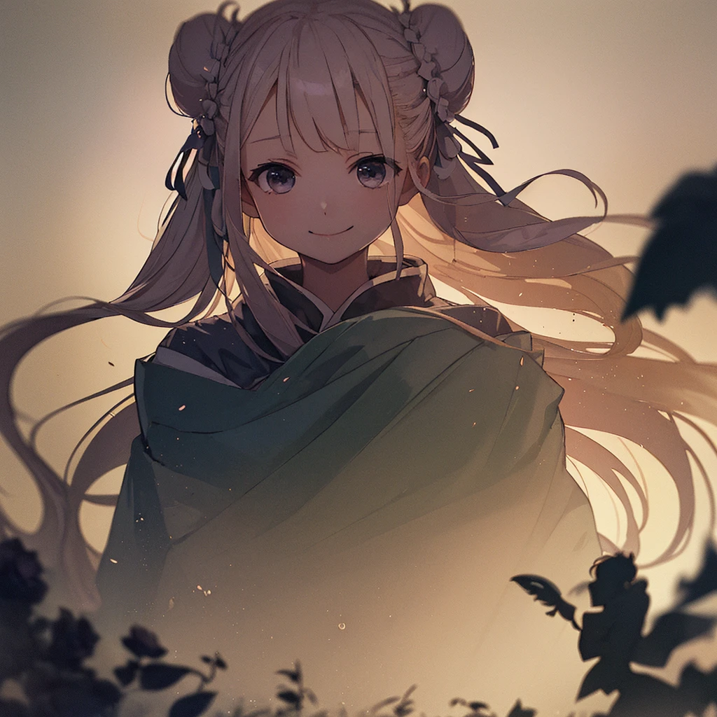 1 person、(),(((silhouette:1.2)))、 (Hair Ribbon:0.4),(((Bun Hair))),(((Very long hair))),(smile),Kunimi Tama,(Face close-up),Blacksmithing、leaf、rose、Abstract、Zhou Haoguang、(Blurred Background、Blurred foreground、Depth of written boundary:1.3)、Swirling Mist、Iridescent mist、god々New Texture、Dripping、