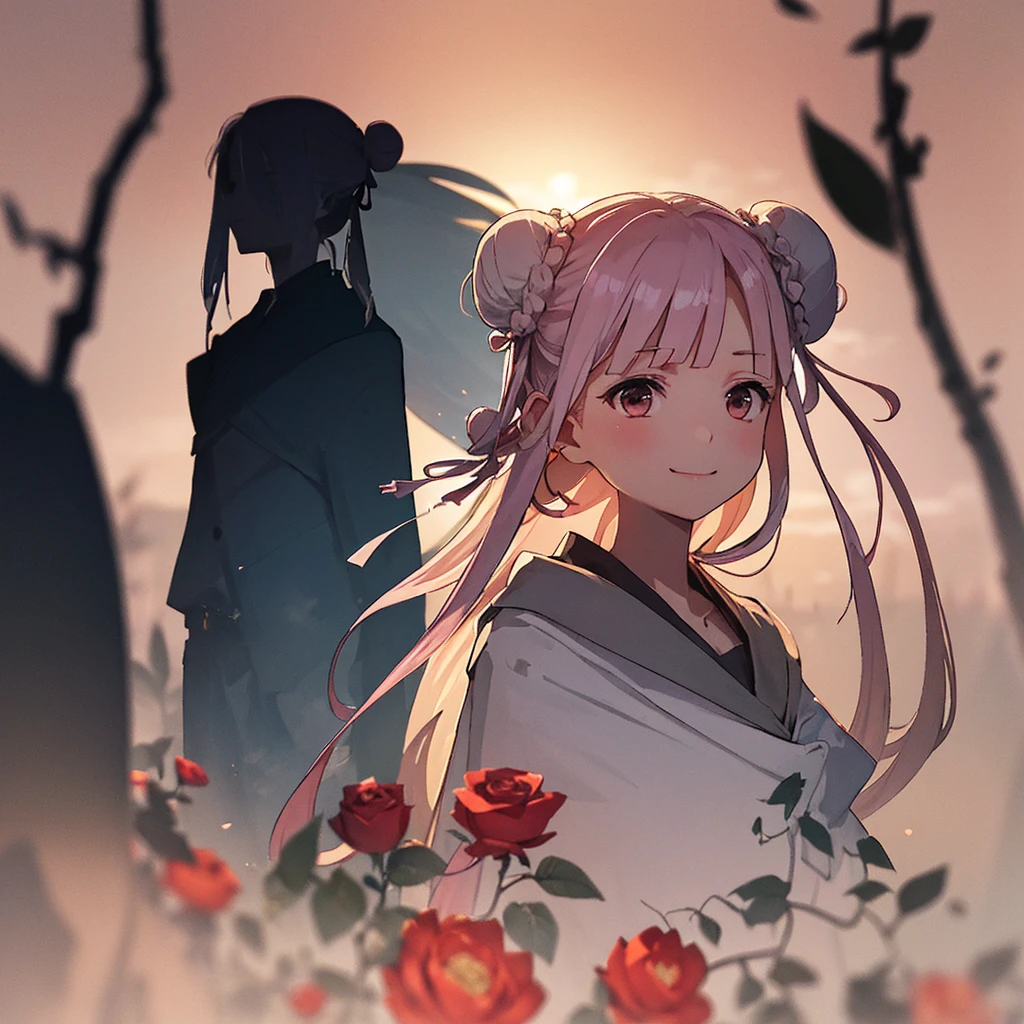  1 person、(),(((silhouette:1.2)))、 (Hair Ribbon:0.4),(((Bun Hair))),(((Very long hair))),(smile),Kunimi Tama,(Face close-up),Blacksmithing、leaf、rose、Abstract、Zhou Haoguang、(Blurred Background、Blurred foreground、Depth of written boundary:1.3)、Swirling Mist、Iridescent mist、god々New Texture、Dripping、