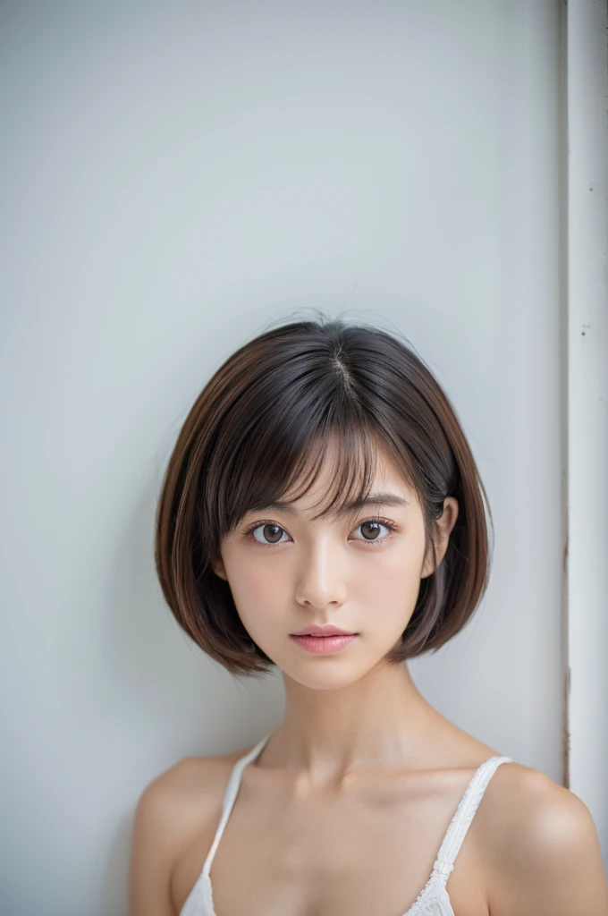 ((Highest quality, 8k, masterpiece :1.3)), 1 girl, (short hair,Photographed in front of a white wall :1.2)、whole body、super Detailed face, Beautiful Eyes,(Highly realistic photos, High resolution, Detailed face, Beautiful Eyes)、Japanese women, 1, Various expressions, alone:1, Mr.々Hair style, Only one person in the photo、In underwear、Don'Don't look at the camera、profile、Dark brown hair color, Skin Texture,Real human skin, Cute Smile
