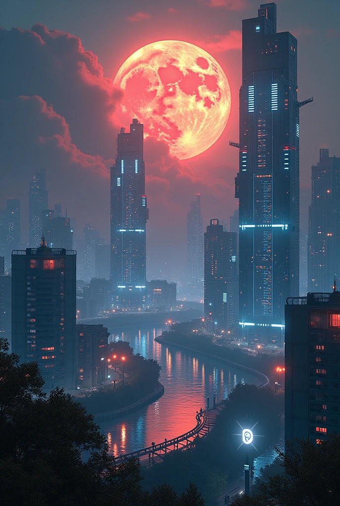 the best quality a cyber city with firefly buildings a moon rich in details with a logo Distribuidora Brasil