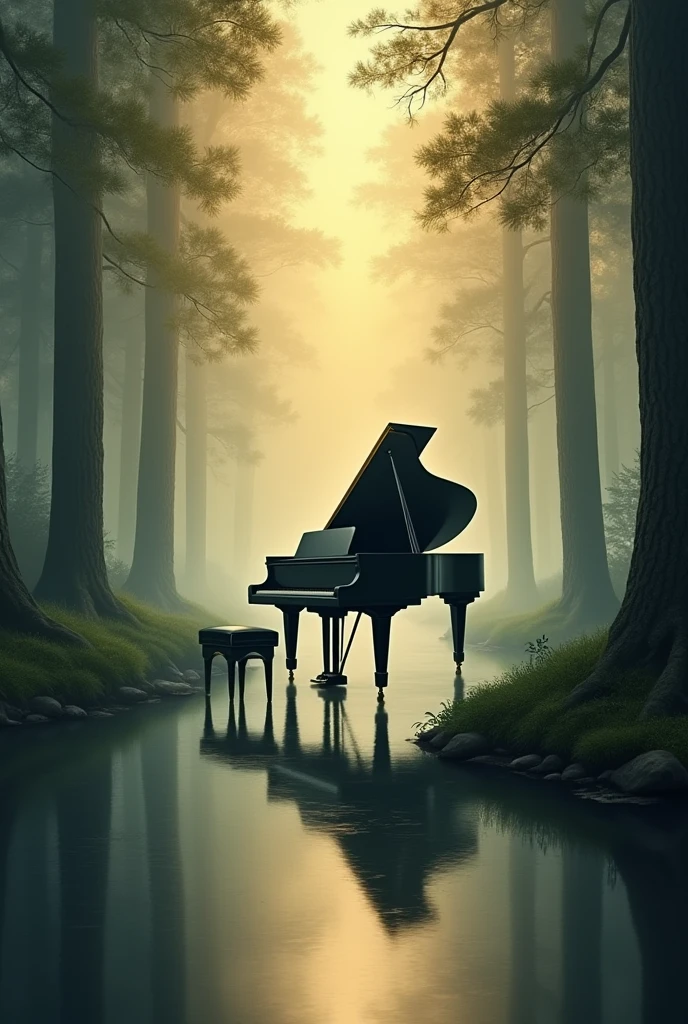 Tall tree々The painting depicts a landscape of a large black grand piano set in a forest reflected in the calm water.。The atmosphere is shrouded in mist、The light shines through the fog、Creates a warm golden glow。This image captures the peace and beauty of nature.、Fog and reflections evoke feelings of serenity and introspection.