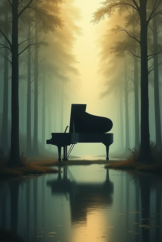 Tall tree々The painting depicts a landscape of a large black grand piano set in a forest reflected in the calm water.。The atmosphere is shrouded in mist、The light shines through the fog、Creates a warm golden glow。This image captures the peace and beauty of nature.、Fog and reflections evoke feelings of serenity and introspection.
