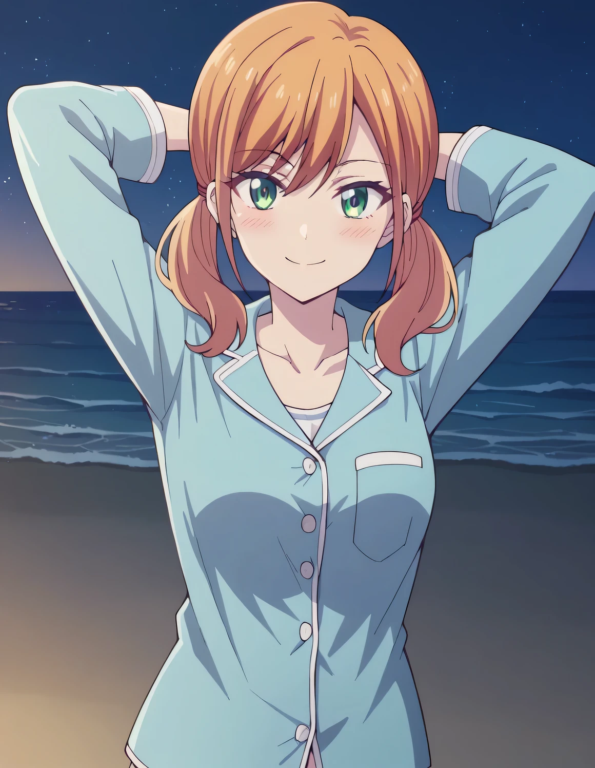 riho tsukishima, long hair, bangs, twintails, green eyes, low twintails, collarbone, white shirt, pajamas, high quality, solo, blushing, night sky, beach, arms behind head, medium breast, contrapposto, closed mouth, spread armpits, cowboy shot, looking at viewer, smile, best quality,