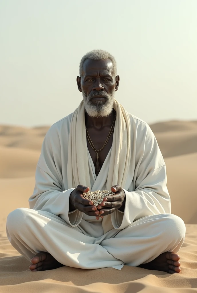 Orisha Black Man, elder, white clothes with cowries in their hands, sitting in the sand 