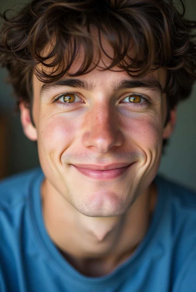 The young boy of twenty years old, has a striking appearance with his fair complexion and dark brown hair. He is caicasian . His brown eyes sparkle with warmth, accentuated by his genuine smile. He's wearing a casual blue t-shirt, which contrasts subtly with his skin tone. The close-up shot captures the effortless charm and youthful energy he exudes.