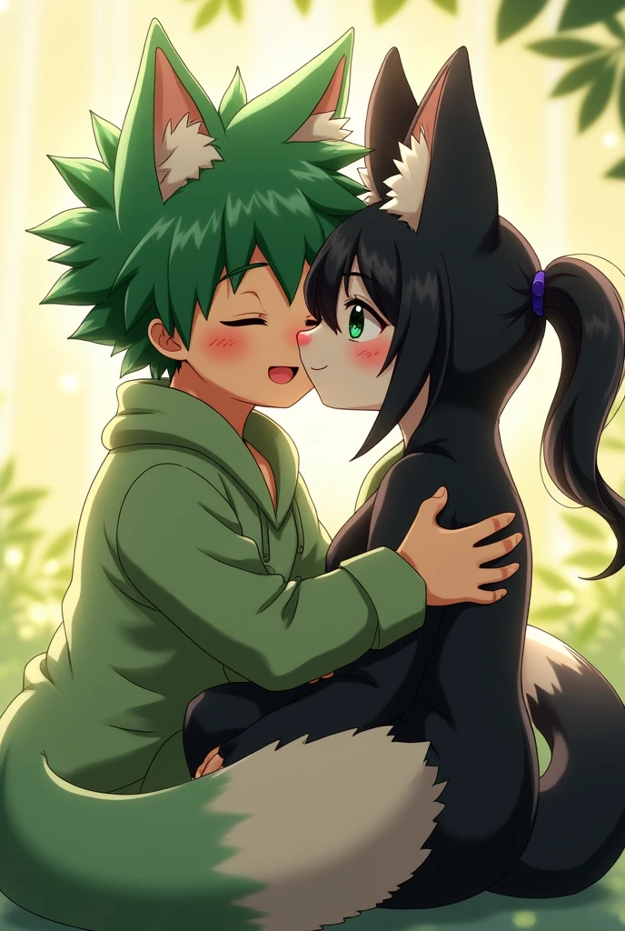 Izuku Midoriya, green fur, with four freckles on each cheek, green eyes, messy hair, stomach 1.66, besando and Momo Yaoyorozu, black fur, black eyes, hair in the shape of a pointed ponytail, with bangs covering part of his right eye.