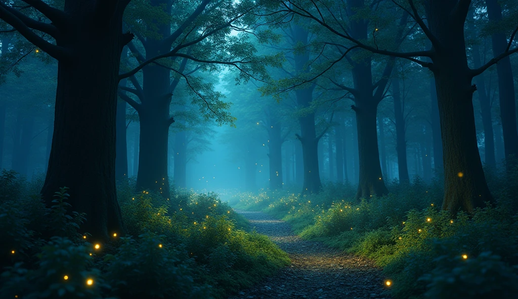 create a beautiful forest at night with beautiful firefly lights