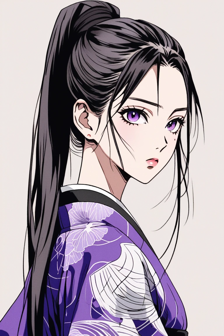 (Highest quality, sketch:1.2),Realistic,Illustrator,anime,1 girl, Detailed lips,Purple sleeveless kimono、Kuroko next to the eye、Black hair ponytail、Beauty