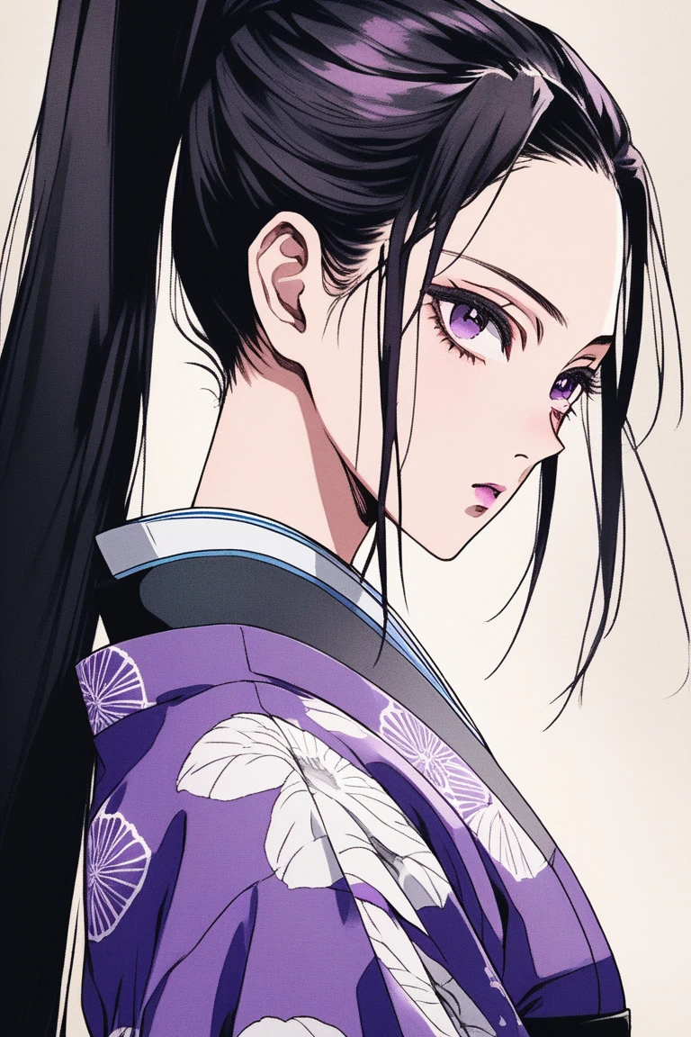 (Highest quality, sketch:1.2),Realistic,Illustrator,anime,1 girl, Detailed lips,Purple sleeveless kimono、Kuroko next to the eye、Black hair ponytail、Beauty