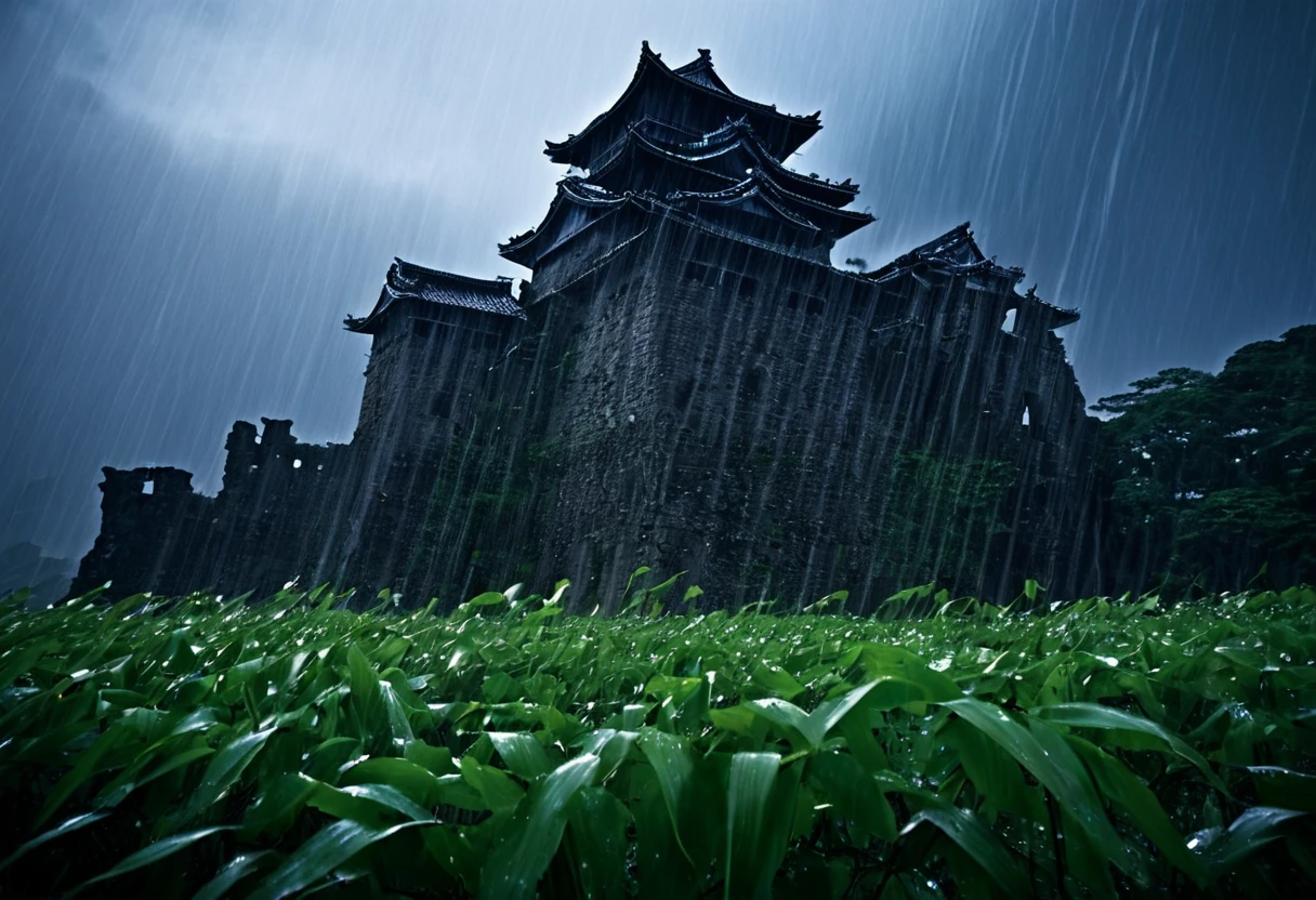 In the midst of a fierce typhoon, samurai warriors engage in a brutal battle at the ruins of a once-majestic castle. Leaves swirl in the wind, and a curtain of rain reveals the eerie forms of divine beings, casting a mystical glow over the battlefield. The landscape of this ruined castle, infused with both ferocity and beauty, captures a grand moment in history, where the power of the gods intertwines with the valor of the warriors.