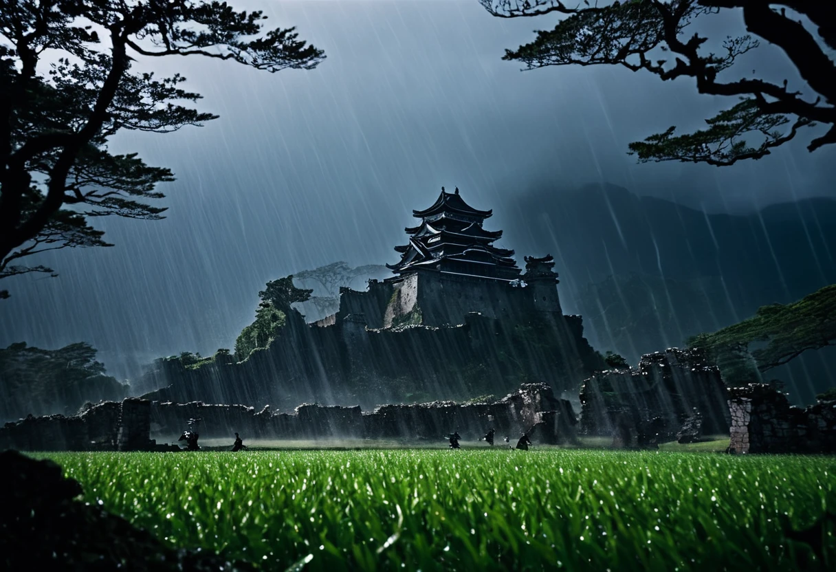 In the midst of a fierce typhoon, samurai warriors engage in a brutal battle at the ruins of a once-majestic castle. Leaves swirl in the wind, and a curtain of rain reveals the eerie forms of divine beings, casting a mystical glow over the battlefield. The landscape of this ruined castle, infused with both ferocity and beauty, captures a grand moment in history, where the power of the gods intertwines with the valor of the warriors.