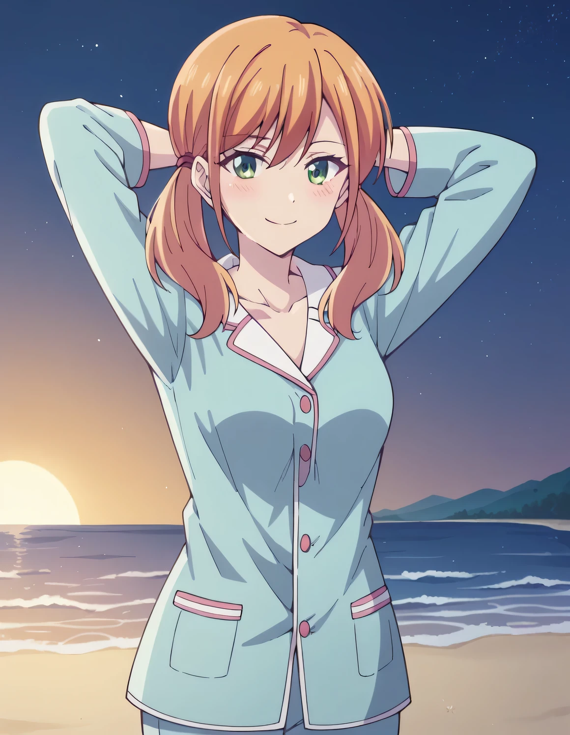 riho tsukishima, long hair, bangs, twintails, green eyes, low twintails, collarbone, white shirt, pajamas, high quality, solo, blushing, night sky, beach, arms behind head, medium breast, contrapposto, closed mouth, spread armpits, cowboy shot, looking at viewer, smile, best quality,