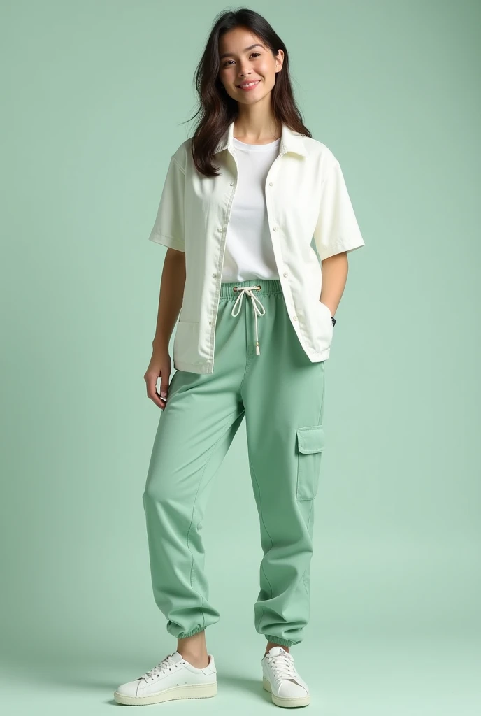 A comfortable, fluid-proof set for environmental engineering students that works for any occasion and has colors between white and light green., wherever collarless jacket style, Closing, short sleeve , a sweatshirt type pants