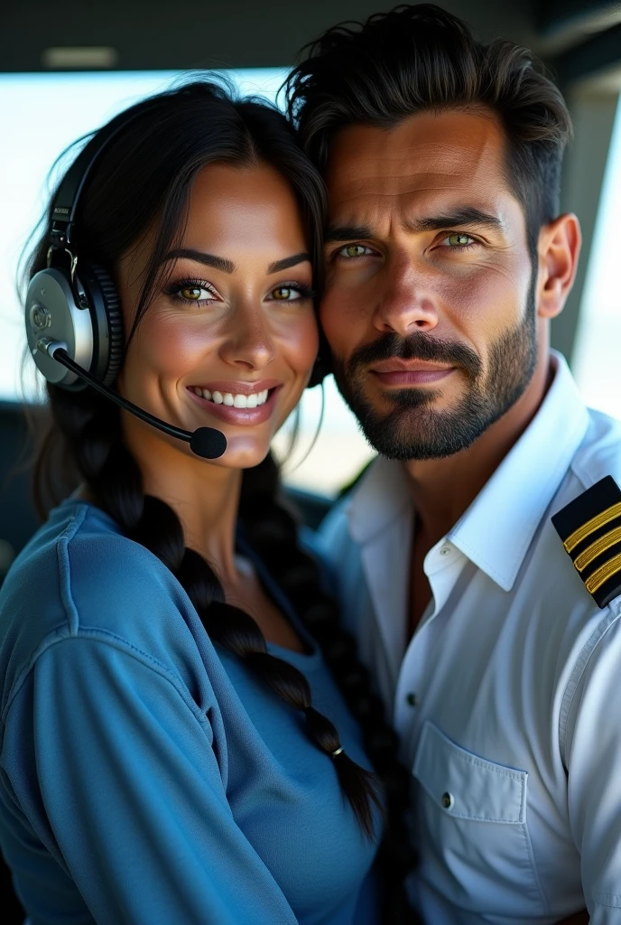 (photorealism: 1.2), hot brazilian sexy girl in sexy dynamic pose. raw portrait photography, hyper realistic and detailed face, complex and realistic skin texture, hot body, athletic body, smiling, long black hair with braid, dressed with long blue sweatshirt and headset with microphone with with the pilot, handsome tanned guy, Brazilian, beard and beautiful smile, green eyes, black hair, white pilot shirt in the cockpit airbus