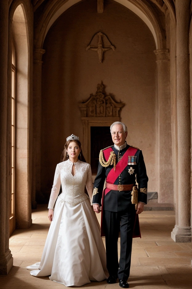adult king and queen who appear to be in their 60s in a large room in the castle 