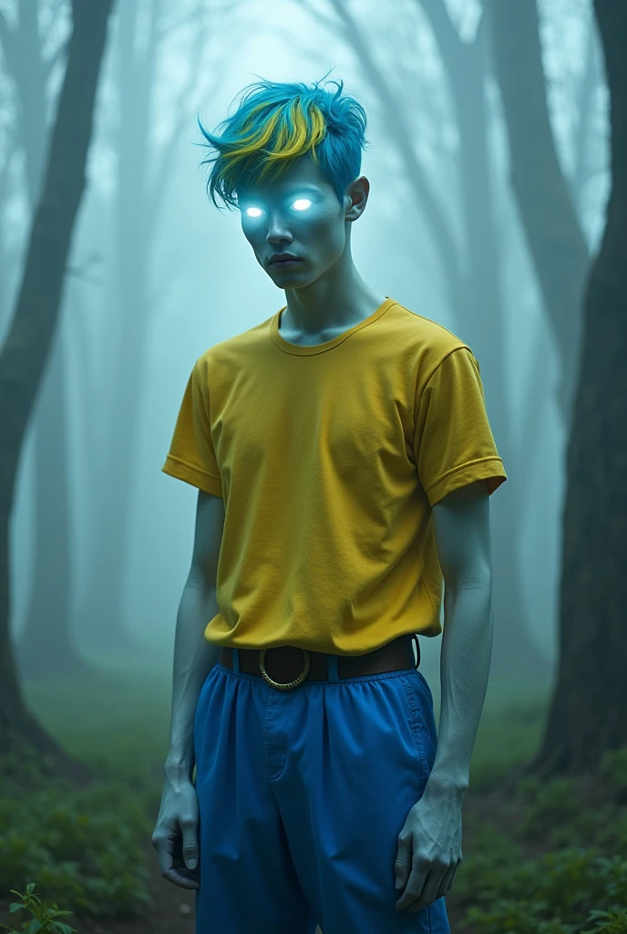 A man with bright white eyes,that he has blue pants and a yellow shirt,blue hair and a yellow streak,and that it is in a foggy forest and that the eyes are noticeable and the skin is almost white
