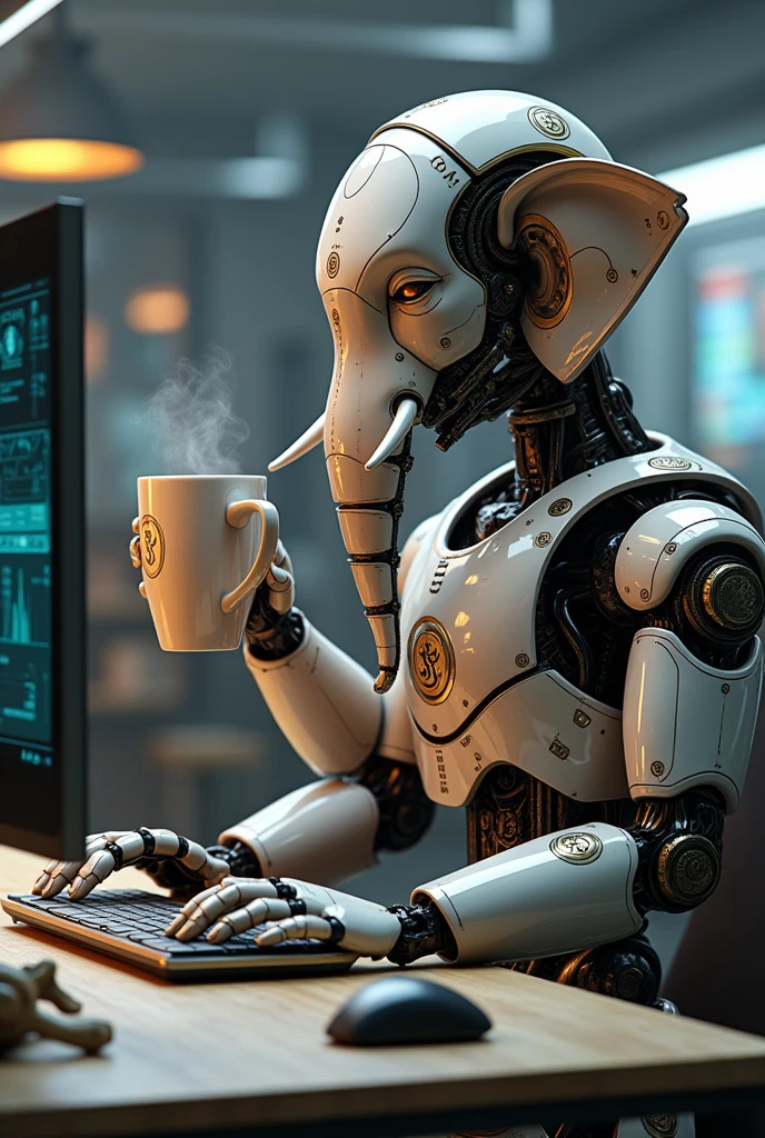 Lord Ganesha in the form of robot and doing work on computer and drinking coffee with big mug