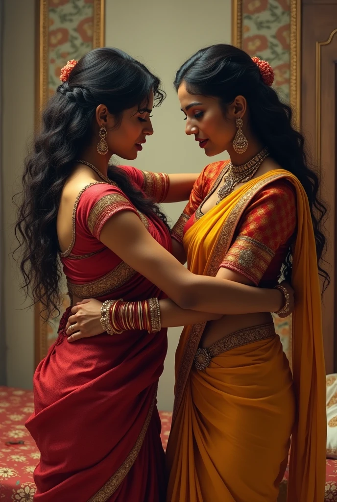 Two Woman showing her deep neck saree blouse back standing in bedroom with jealousy and hatred. They try to pull each other's hair