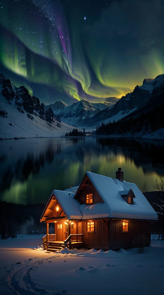 Best quality,A high resolution,(Masterpiece:1.2),Ultra-detailed,Northern Lights, Towering snow-capped mountains, cottage house covered in snow,A snowy hideaway, reindeer,yukito,sled,Winter wonderland,Vibrant colors, clouds,Mist,themoon,galaxias, Breathtaking landscapes, Icy cliffs, Frozen lake, peacful, Majestic beauty, Starry night, ethereal glowing, A miracle of nature, Peaceful solitude, Celestial wonders, vast, Natural phenomena, Silent night, Serene reflection, glittering stars, Mysterious charm
