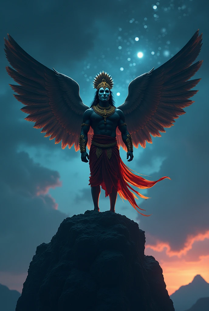 cinematic animated character art, Silhouette of a man dressed as Garuda standing on the edge of mountain cliff, wearing white coloured marble bird mask, muscular physique, red and gold dhoti, bird wings, wearing indian golden crown, glowing particles in atmosphere, night time, darkness in atmosphere, night sky, colour graded, vibrant, 4khd