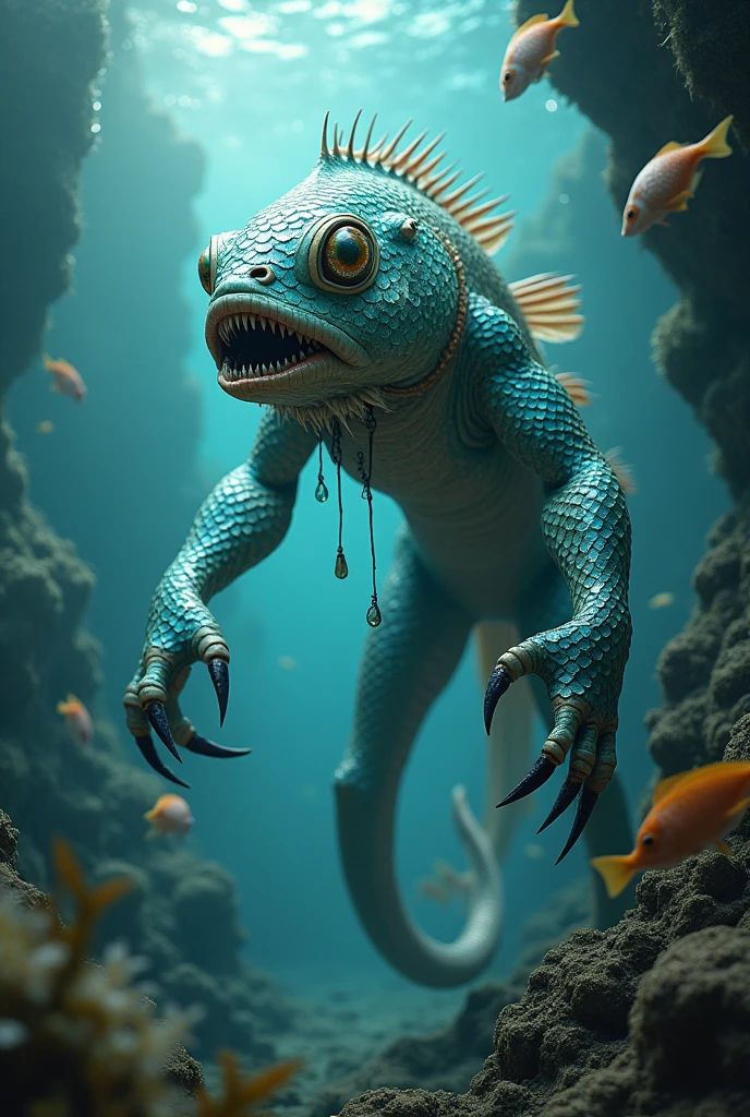 fishhead, body with scales, pointed nails