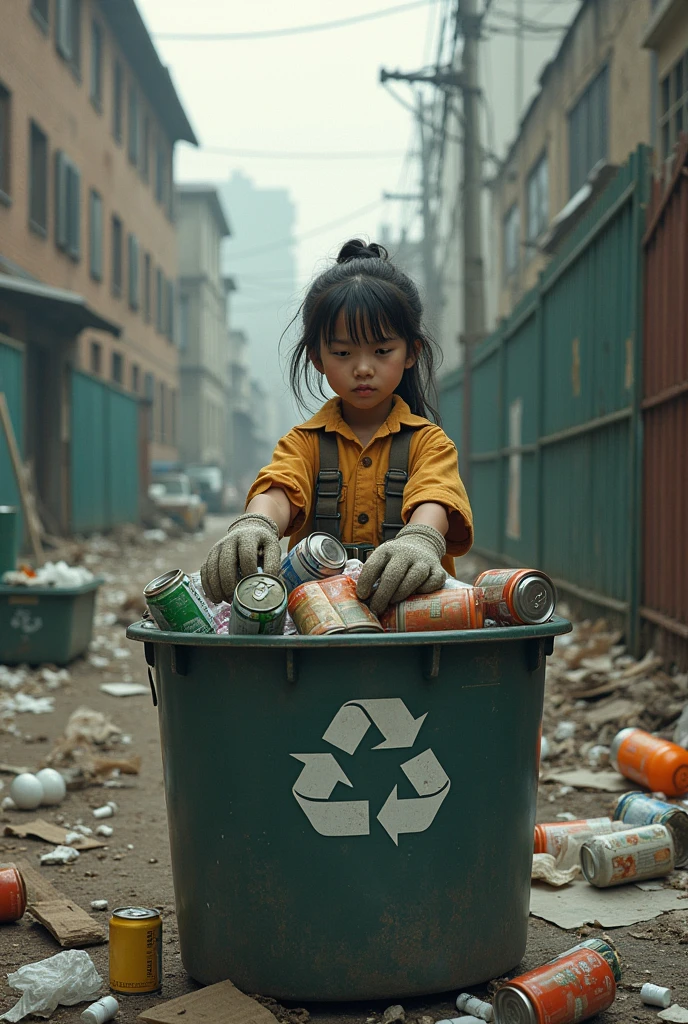 thirdteen years old girl collecting trash in a container