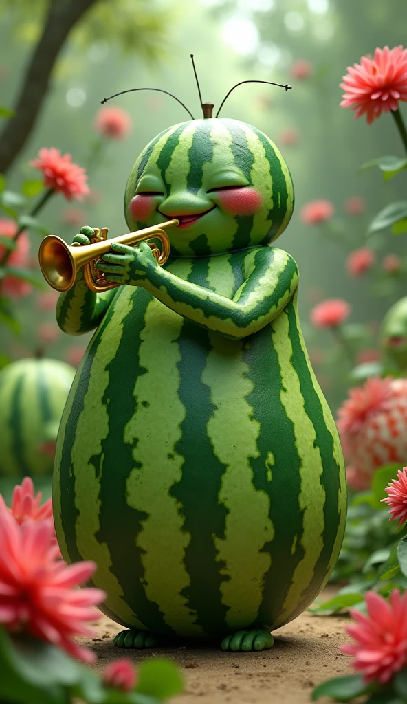 (8k, best quality, photorealistic, realisti), a greek male adult model with green watermelon skin and features, he is playing a trumpet in a surreal garden world surrounded by other fruit and vegetable creatures, they are all friendly and happy