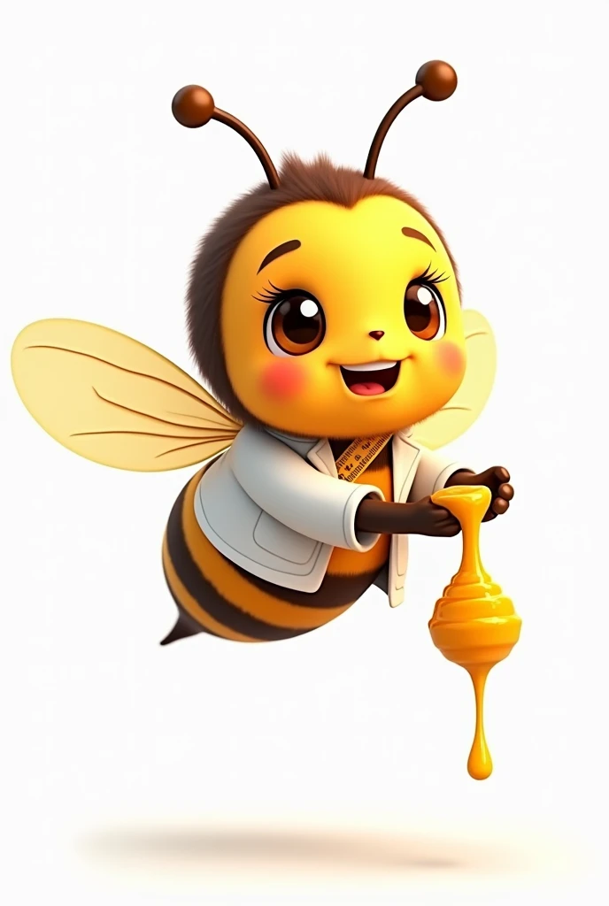 A nutritionist bee in a lab coat with a measuring tape around its neck cute realistic happy flying with its wings holding some dripping honey, imagem sem fundo