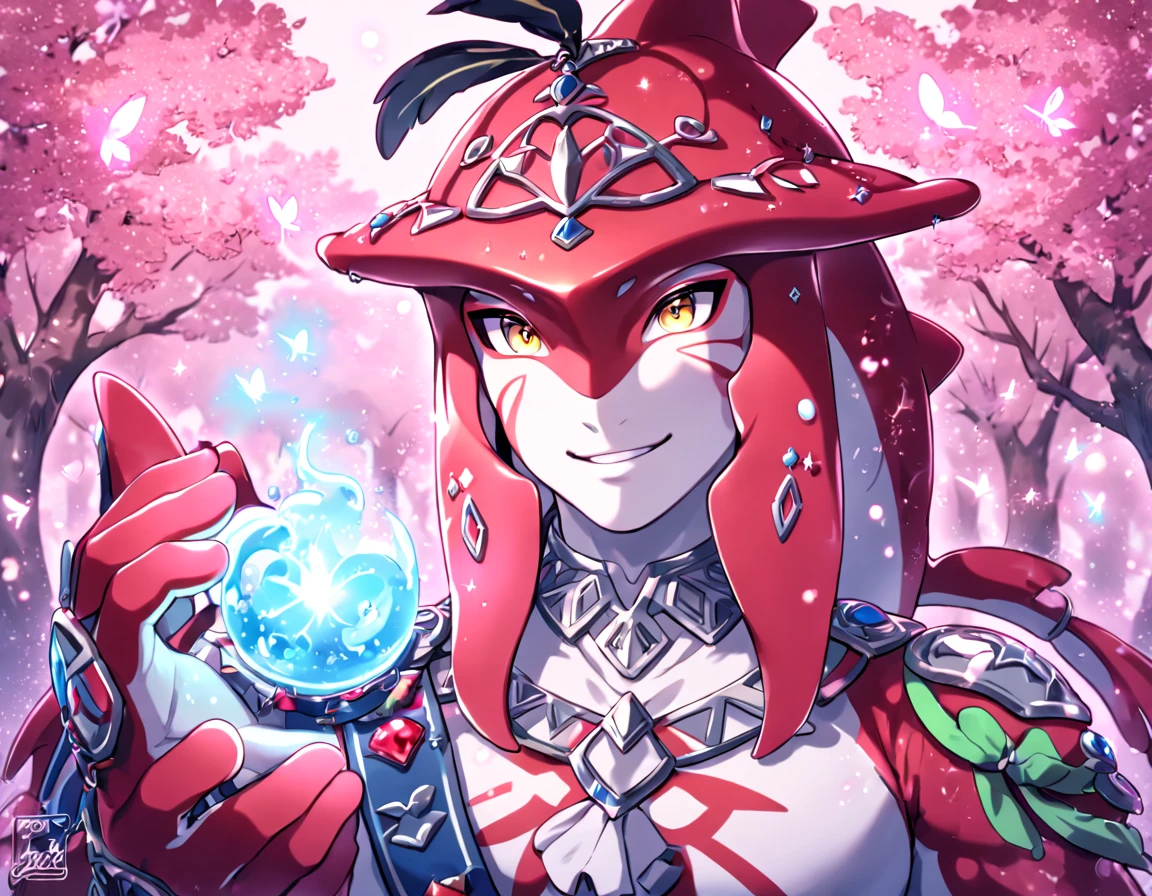 absurdres, highres, ultra detailed, HDR, master piece, best quality, extremely detailed, Sidon, white skin, expressive yellow eyes, The Legend Of Zelda Breath Of The Wild, solo, sexy zora, manly zora, red zora, adult face, handsome smile, handsome, prince, water, under a pink tree, fantasy, magical, glittering fireflies, pink butterflies, pink flames, magic, pink leaves