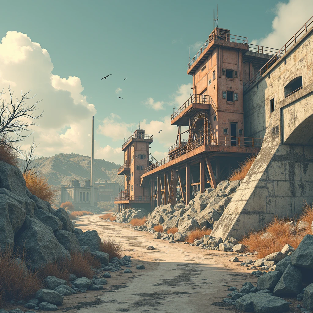 (Best Quality,4k,8k,High resolution, masterpiece:1.2),ultra detailed, sharp focus,(realist,photorealist,fotorrealista:1.37),extremely fine details, intricate details,vivid colors,intense colours,Deep contrast,cinematic depth of field,cinematographic composition,cinematic camera angle(Abandoned city photography, among rubble abandoned rusty:1.5, scenario centered on abandoned industrial machinery.), abandoned coal mine landscape, machine placed, (( 放置されたHeavy equipment, industrial waste)), quiet, , minimalist, industrial environment, Heavy equipment, spiderweb, dusty, Disturbing silence, crumbling walls, oxide, overgrown vegetation, Remnants of past activities, dark space, Broken window, colores quiets, mysterious atmosphere