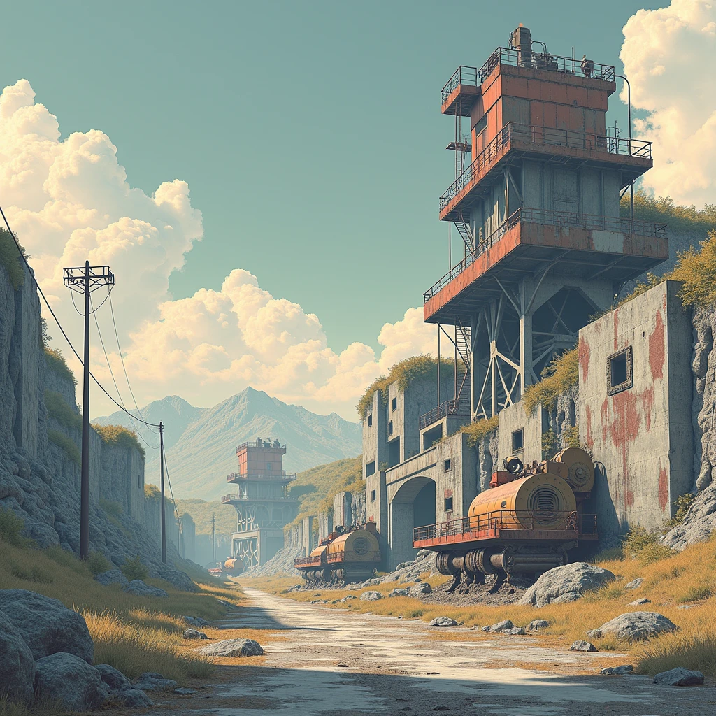 (Best Quality,4k,8k,High resolution, masterpiece:1.2),ultra detailed, sharp focus,(realist,photorealist,fotorrealista:1.37),extremely fine details, intricate details,vivid colors,intense colours,Deep contrast,cinematic depth of field,cinematographic composition,cinematic camera angle(Abandoned city photography, among rubble abandoned rusty:1.5, scenario centered on abandoned industrial machinery.), abandoned coal mine landscape, machine placed, (( 放置されたHeavy equipment, industrial waste)), quiet, , minimalist, industrial environment, Heavy equipment, spiderweb, dusty, Disturbing silence, crumbling walls, oxide, overgrown vegetation, Remnants of past activities, dark space, Broken window, colores quiets, mysterious atmosphere