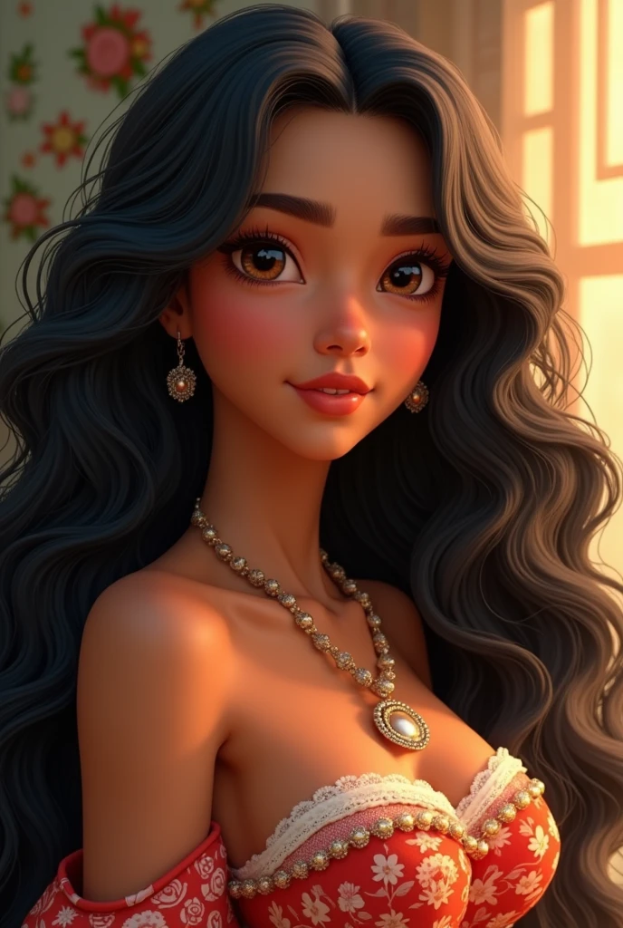 Cinnamon brunette, Bblack hair , floral Dress, wavy and layered in the style of Disney Moana