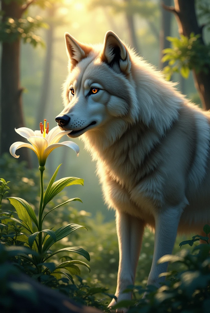 Create me a Siberian wolf Tender Taking a bite out of the lily flower and that its background instead of being white is like in a forest