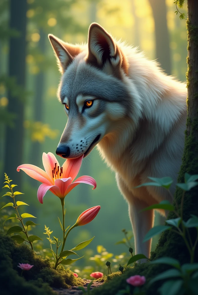 Create me a Siberian wolf Tender Taking a bite out of the lily flower and that its background instead of being white is like in a forest