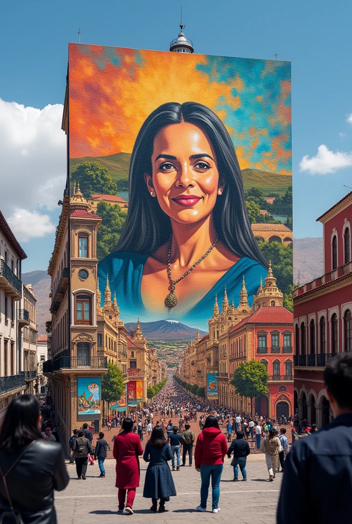 A mural in the city of Arequipa depicting Maria Nieves and Bustamante, with scenes from his life and legacy. Around it, Young people and adults look at the mural with respect and admiration