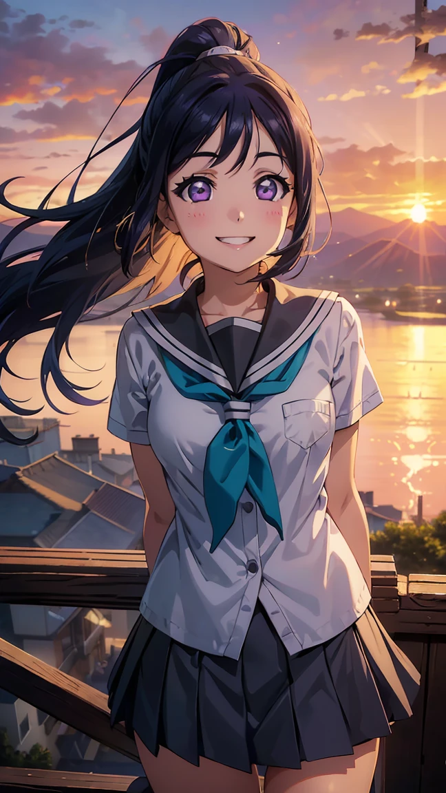 kanan matsuura, blue hair, long hair, ponytail, (purple eyes:1.1), sidelocks,
aqua neckerchief, grey sailor collar, grey skirt, miniskirt, neckerchief, pleated skirt, sailor collar, sailor shirt, school uniform, serafuku, shirt, skirt, summer uniform, uranohoshi school uniform, white shirt,----------(8K, raw, highest quality, real 1.2), ultra high quality, high resolution, highest quality, perfect face, perfect limbs, perfect fingers, high resolution, (beautiful anime face, cute face, detailed face), smile of joy, smiling expression, one woman, alone, , low angle, full body composition from a distance, comfortable hair blowing in the wind, (((short skirt blowing in the wind:1.5))), (((smiling with head down:1.5))), smiling, mouth closed, brown single braid, blushing, evening, (((sunset sky background:1.5))), (((Beautiful sunset sky: 1.5))), (((Large sunset: 1.5))), (((Landscape from the top of a high mountain: 1.5))),--(((Medium bust 1.3))), (((Slim thighs 1.3))), Perfect anatomy, Perfect proportions, Nice lighting, Bright colors, Clean lines, Information, Blurred, Stunning facial expression, Restless emotions, Gorgeous and cute, Beautiful face and eyes in every detail, (Masterpiece) Beautiful face, Young and handsome girl, Really perfect skin, Blurred, Facial expression, Restless emotions, Gorgeous and cute, Beautiful face and eyes in every detail, (Audrey Hepburn), (Cute), (J-POP idol), (Thighs, (Depth of field), (Depth of field), Soft light, Sparkling lens gaze, (Droopy eyes), Straight teeth, Shy smile, Flowing hair, A scene from Blake--