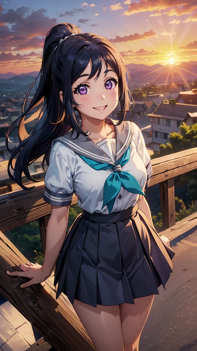 kanan matsuura, blue hair, long hair, ponytail, (purple eyes:1.1), sidelocks,
aqua neckerchief, grey sailor collar, grey skirt, miniskirt, neckerchief, pleated skirt, sailor collar, sailor shirt, school uniform, serafuku, shirt, skirt, summer uniform, uranohoshi school uniform, white shirt,----------(8K, raw, highest quality, real 1.2), ultra high quality, high resolution, highest quality, perfect face, perfect limbs, perfect fingers, high resolution, (beautiful anime face, cute face, detailed face), smile of joy, smiling expression, one woman, alone, , low angle, full body composition from a distance, comfortable hair blowing in the wind, (((short skirt blowing in the wind:1.5))), (((smiling with head down:1.5))), smiling, mouth closed, brown single braid, blushing, evening, (((sunset sky background:1.5))), (((Beautiful sunset sky: 1.5))), (((Large sunset: 1.5))), (((Landscape from the top of a high mountain: 1.5))),--(((Medium bust 1.3))), (((Slim thighs 1.3))), Perfect anatomy, Perfect proportions, Nice lighting, Bright colors, Clean lines, Information, Blurred, Stunning facial expression, Restless emotions, Gorgeous and cute, Beautiful face and eyes in every detail, (Masterpiece) Beautiful face, Young and handsome girl, Really perfect skin, Blurred, Facial expression, Restless emotions, Gorgeous and cute, Beautiful face and eyes in every detail, (Audrey Hepburn), (Cute), (J-POP idol), (Thighs, (Depth of field), (Depth of field), Soft light, Sparkling lens gaze, (Droopy eyes), Straight teeth, Shy smile, Flowing hair, A scene from Blake--