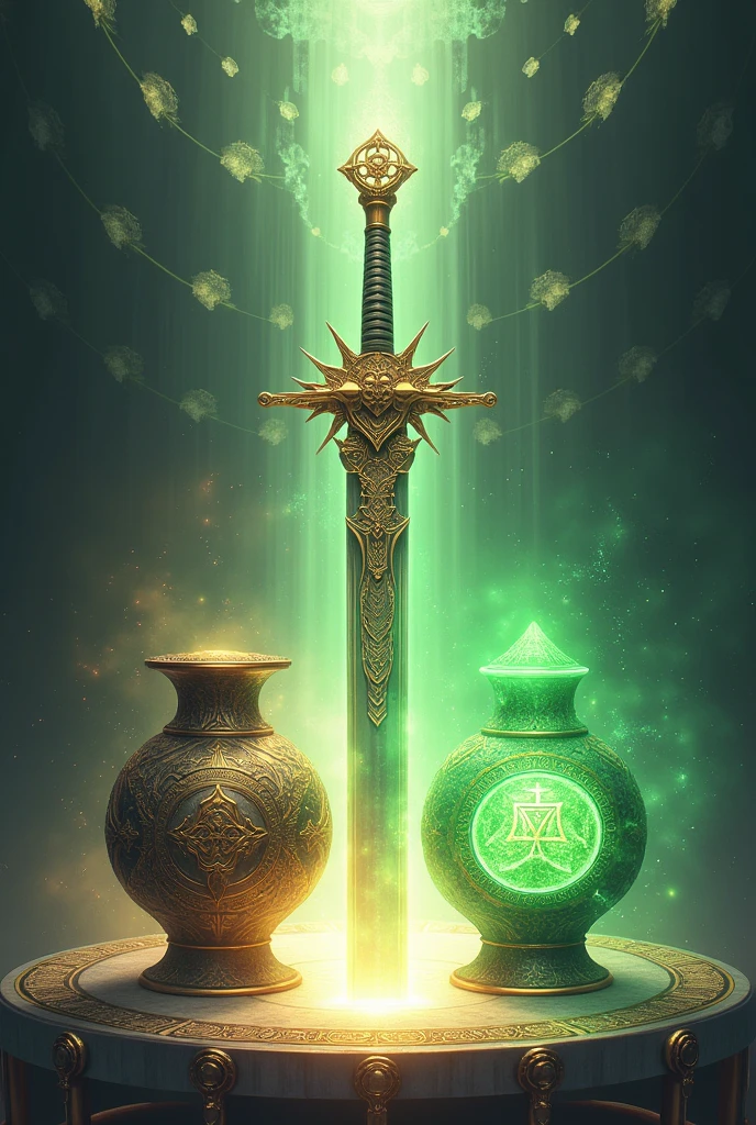 三種のgod器 ,god々Shii, With Ame no Murakumono Tsurugi in the middle,On the right is a green stone gem in the shape of Taichi&#39;s mark.,Shining round mirror on the left