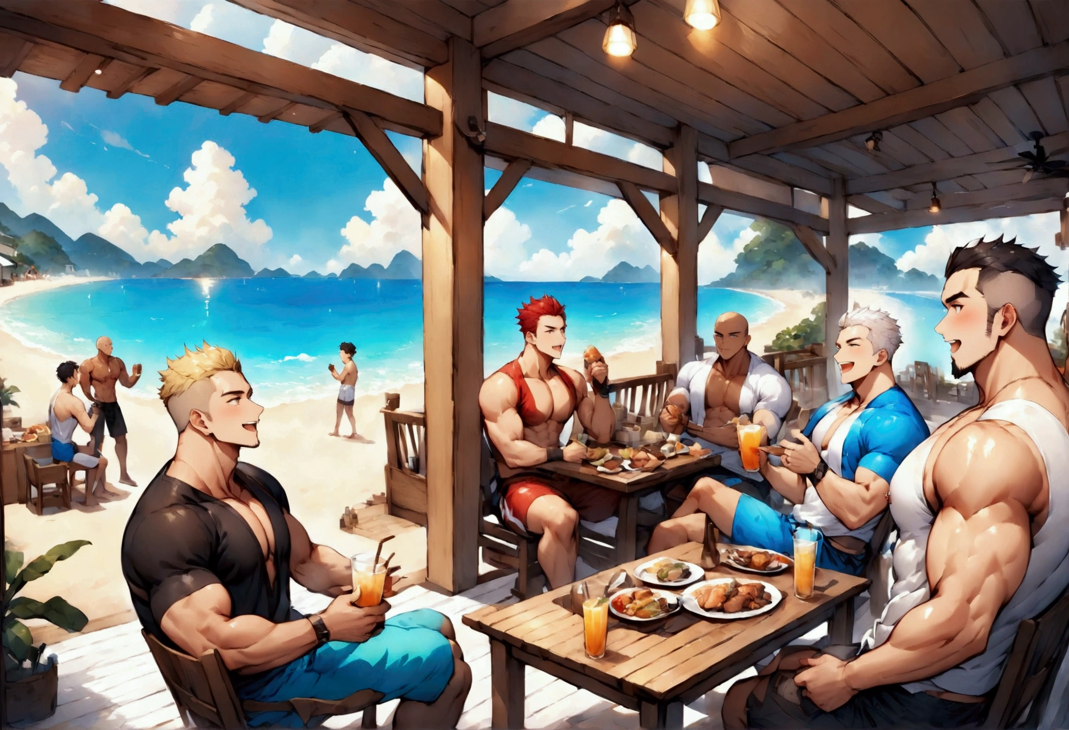 Highest quality、(muscular male:1.3)、(father:0.7)、nipple piercing、4boys、Short Hair、Sports haircut、short hair、Shaved head、Black Hair、Red Hair、Blonde、White Hair、Eating at a beach house、A fun atmosphere、wide view