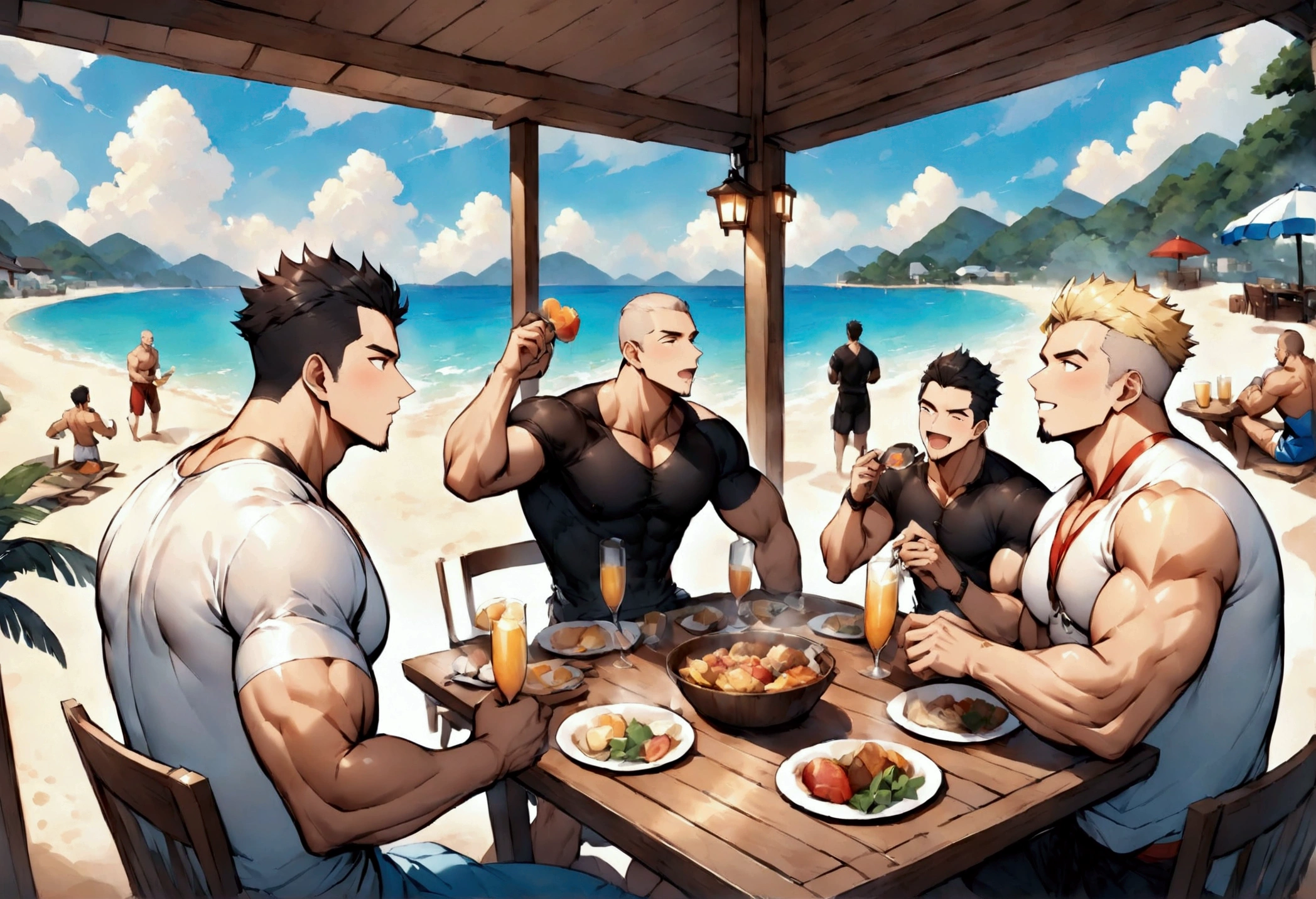 Highest quality、(muscular male:1.3)、(father:0.7)、nipple piercing、4boys、Short Hair、Sports haircut、short hair、Shaved head、Black Hair、Red Hair、Blonde、White Hair、Eating at a beach house、A fun atmosphere、wide view