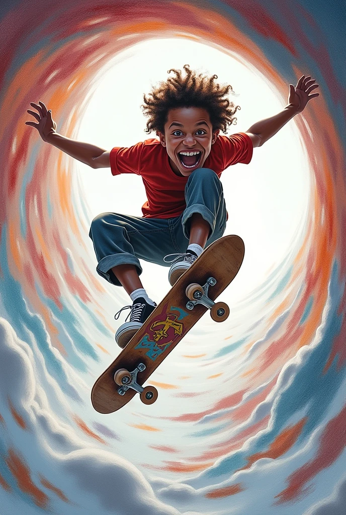 Make me a hyperrealistic caricature drawn with a pencil on paper,of a skateboarding doing flip in wormhole camera angle and with good colors and aesthetics.exaggerate the cartoon and do it pinterest style.full body please.