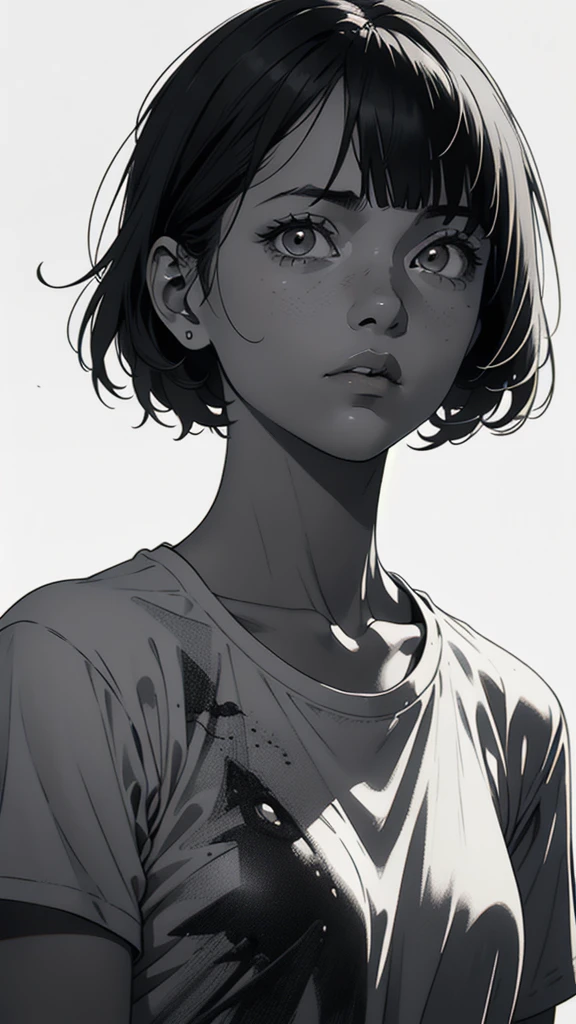 1 boyish girl, solo, sharp eyes, expressionless, monochrome, greyscale, short black hair, portrait, white T-shirt, closed mouth, looking at viewer, graphite \(medium\), detailed lips, hatching \(texture\), without makeup, bangs, upper body, (best illustration), (best quality), (very detailed), (masterpiece), expressionless,