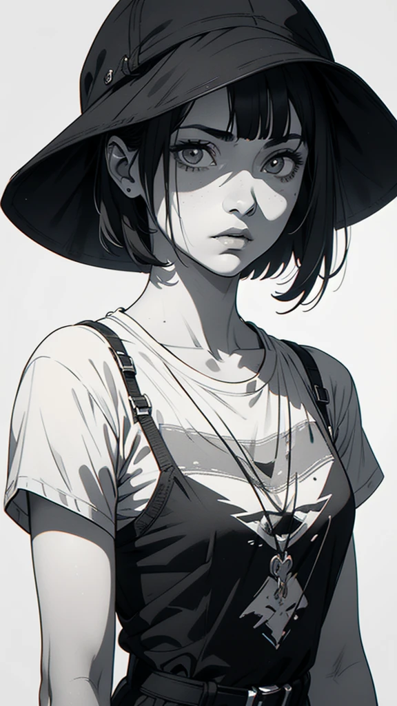 1 boyish girl, solo, sharp eyes, expressionless, monochrome, greyscale, short black hair, portrait, white T-shirt, closed mouth, looking at viewer, graphite \(medium\), detailed lips, hatching \(texture\), without makeup, bangs, upper body, (best illustration), (best quality), (very detailed), (masterpiece), expressionless,