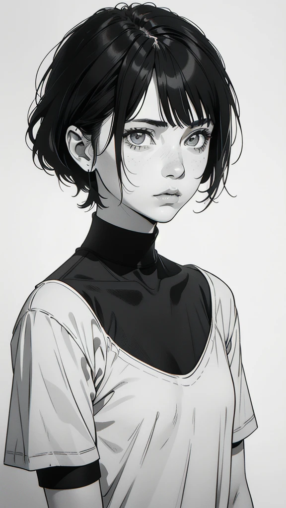 1 boyish girl, solo, sharp eyes, expressionless, monochrome, greyscale, short black hair, portrait, white T-shirt, closed mouth, looking at viewer, graphite \(medium\), detailed lips, hatching \(texture\), without makeup, bangs, upper body, (best illustration), (best quality), (very detailed), (masterpiece), expressionless,