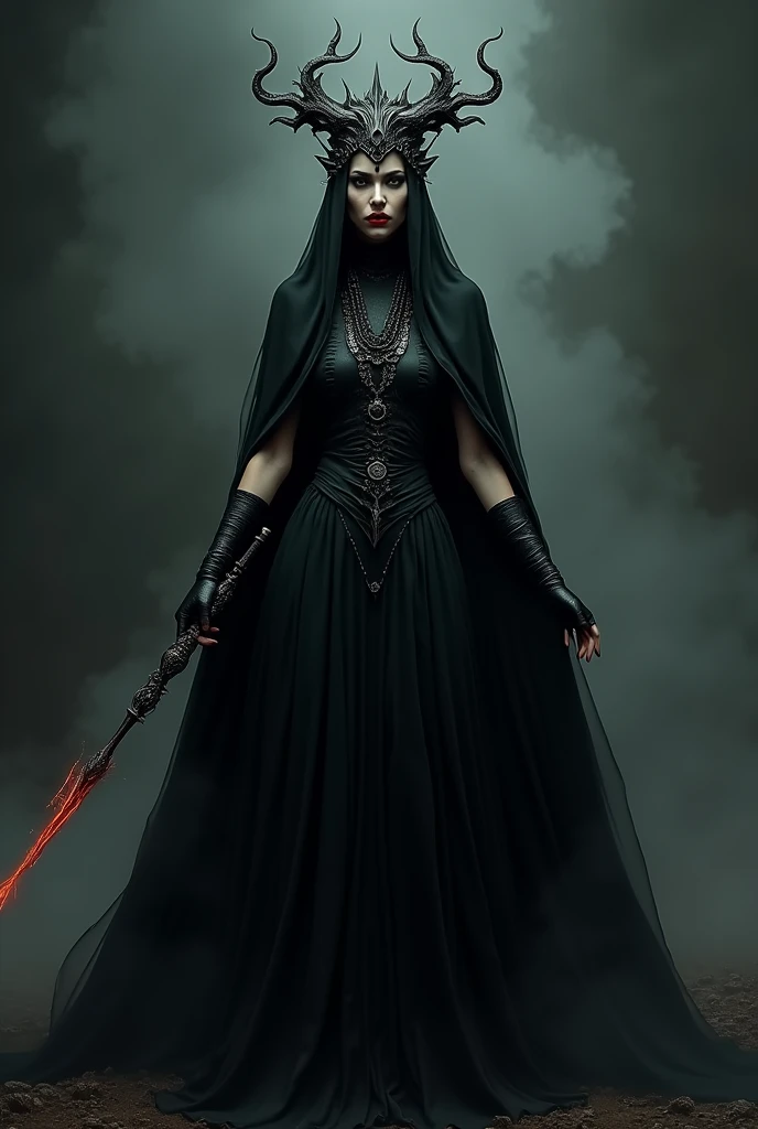 A devi woman with a fully covered ( no body part should be visible)black dress and a wand in her hand and with a red lipstick  and a crown of spike in her head facing in front side