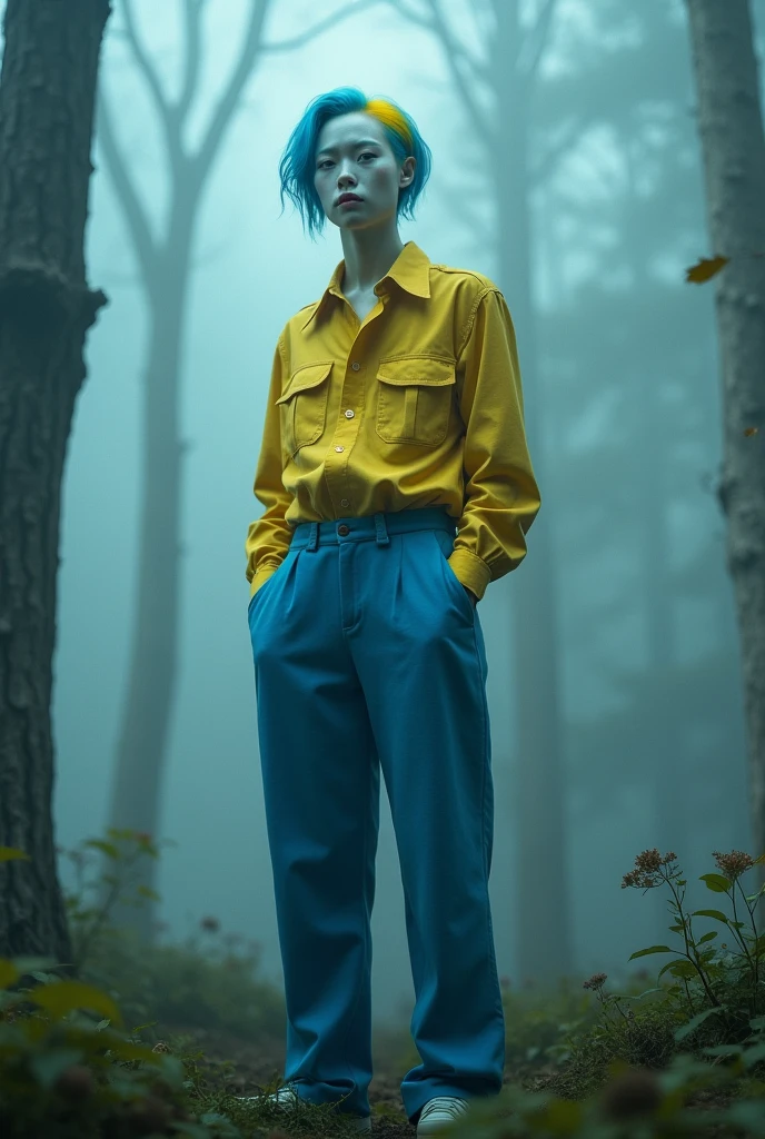 A man with bright white eyes,that he has blue pants and a yellow shirt,blue hair and a yellow streak,and that it is in a foggy forest and that the eyes are noticeable and the skin is almost white