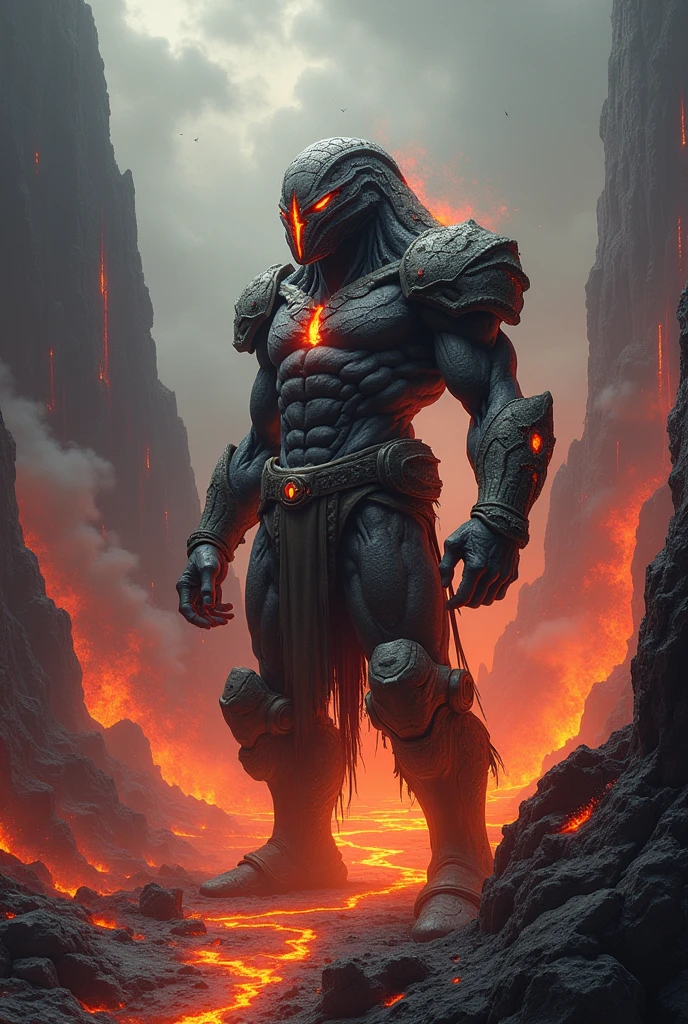 Create an image of a race of rockmen known as Vulkans. They have rocky bodies that vary in shades of gray., black and red, reflecting the lava and magma of the volcanic regions where they live. They have skin with layers of hardened rock and fissures that emit an incandescent glow., similar to erupting lava.