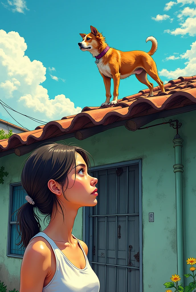 Woman looking at the roof of her house, a stray dog is on the high roof, trying to get down. Simple house in Brazil. manga style.