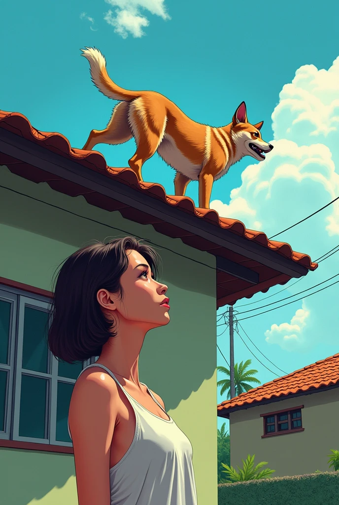 Woman looking at the roof of her house, a stray dog is on the high roof, trying to get down. Simple house in Brazil. manga style.